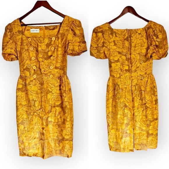 Vintage Albert Nipon Linen Gold Brocade Puff Sleeve Button Embellished Dress 6 - Picture 1 of 8